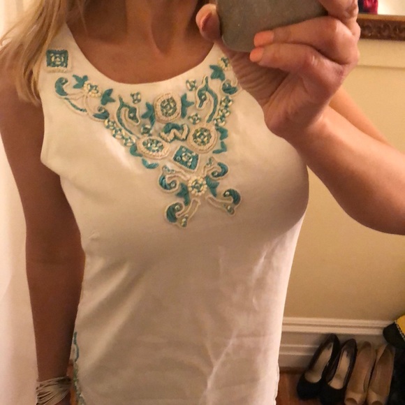 Gretchen Scott white blue embroidered dress S - Picture 3 of 8